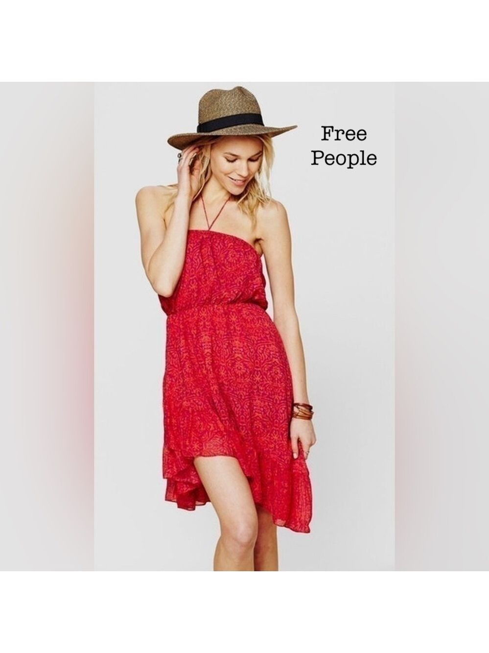 FREE PEOPLE Safari Mango Ruffled Boho Beaded Halter Dress size XS